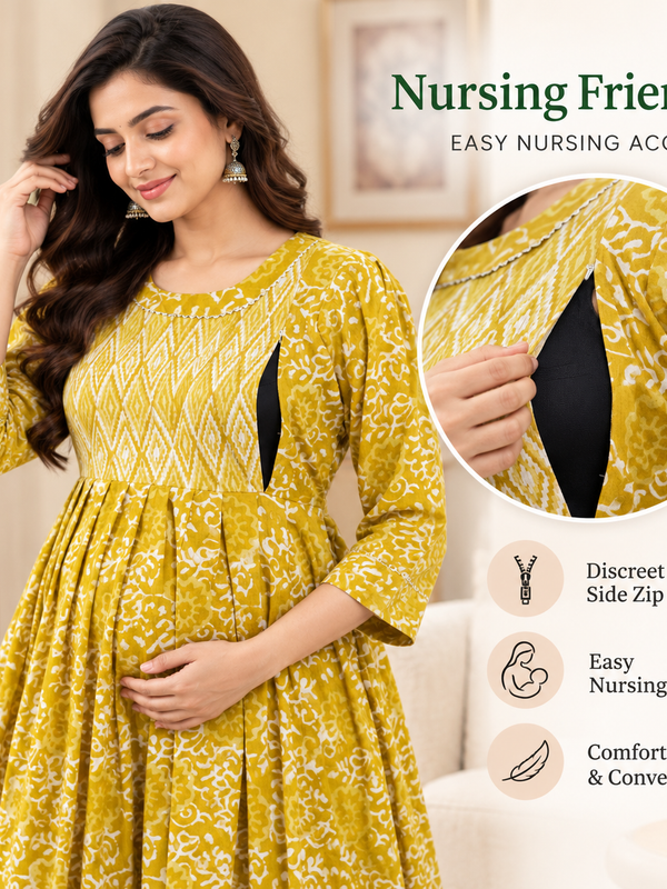 Women's Honey Yellow Ethnic Floral Print Pure Cotton Anarkali Maternity Feeding Dress with Zipper