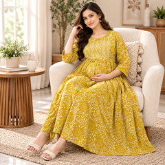 Women's Honey Yellow Ethnic Floral Print Pure Cotton Anarkali Maternity Feeding Dress with Zipper