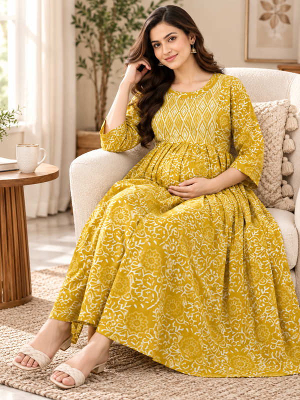 Women's Honey Yellow Ethnic Floral Print Pure Cotton Anarkali Maternity Feeding Dress with Zipper