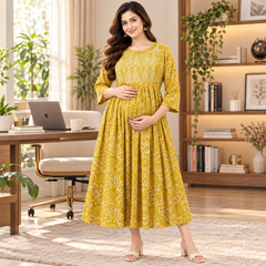 Women's Honey Yellow Ethnic Floral Print Pure Cotton Anarkali Maternity Feeding Dress with Zipper