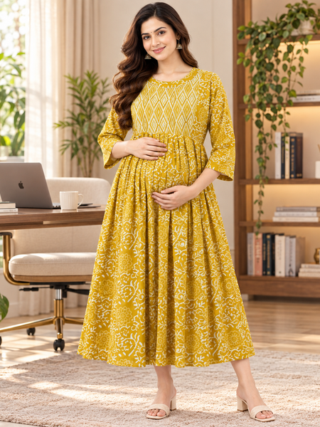 Women's Honey Yellow Ethnic Floral Print Pure Cotton Anarkali Maternity Feeding Dress with Zipper