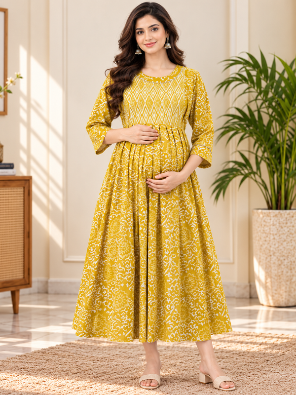 Women's Honey Yellow Ethnic Floral Print Pure Cotton Anarkali Maternity Feeding Dress with Zipper