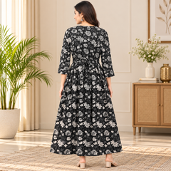 Women's Jet Black Sunflower Floral Print Pure Cotton Anarkali Maternity Feeding Dress with Zipper