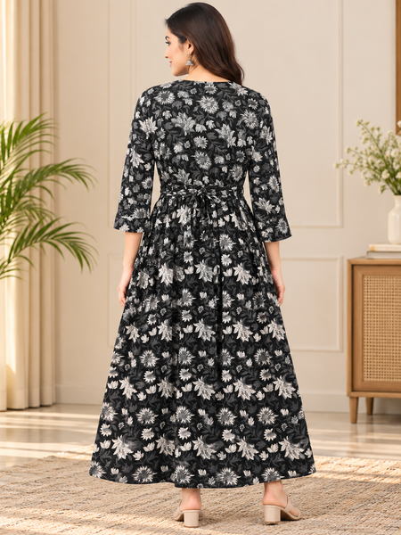 Women's Jet Black Sunflower Floral Print Pure Cotton Anarkali Maternity Feeding Dress with Zipper