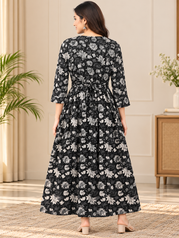 Women's Jet Black Sunflower Floral Print Pure Cotton Anarkali Maternity Feeding Dress with Zipper