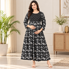 Women's Jet Black Sunflower Floral Print Pure Cotton Anarkali Maternity Feeding Dress with Zipper