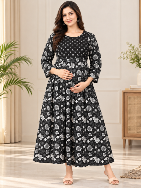Women's Jet Black Sunflower Floral Print Pure Cotton Anarkali Maternity Feeding Dress with Zipper