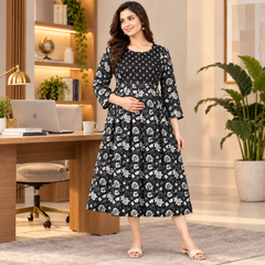Women's Jet Black Sunflower Floral Print Pure Cotton Anarkali Maternity Feeding Dress with Zipper
