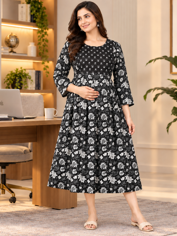 Women's Jet Black Sunflower Floral Print Pure Cotton Anarkali Maternity Feeding Dress with Zipper