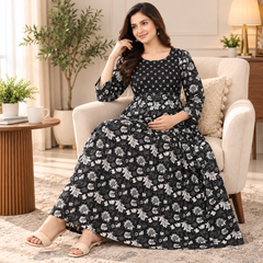 Women's Jet Black Sunflower Floral Print Pure Cotton Anarkali Maternity Feeding Dress with Zipper