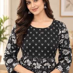 Women's Jet Black Sunflower Floral Print Pure Cotton Anarkali Maternity Feeding Dress with Zipper