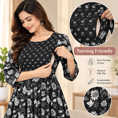 Women's Jet Black Sunflower Floral Print Pure Cotton Anarkali Maternity Feeding Dress with Zipper