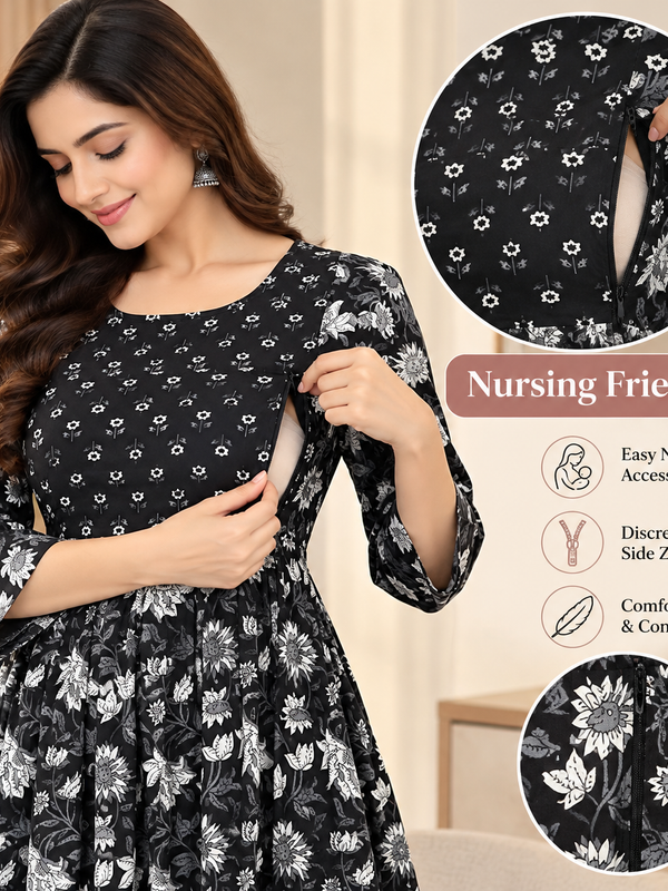 Women's Jet Black Sunflower Floral Print Pure Cotton Anarkali Maternity Feeding Dress with Zipper