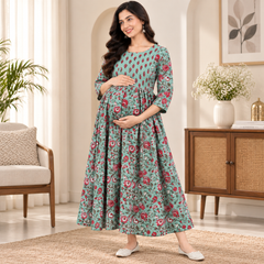 Women's Mint Green Floral Jaal Print Pure Cotton Anarkali Maternity Feeding Dress with Zipper