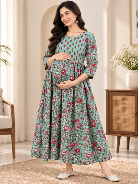 Women's Mint Green Floral Jaal Print Pure Cotton Anarkali Maternity Feeding Dress with Zipper