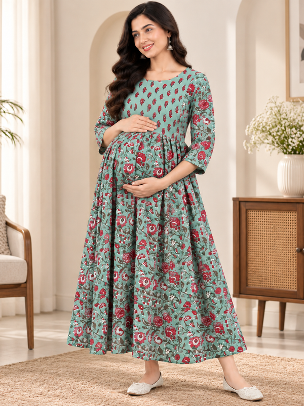 Women's Mint Green Floral Jaal Print Pure Cotton Anarkali Maternity Feeding Dress with Zipper