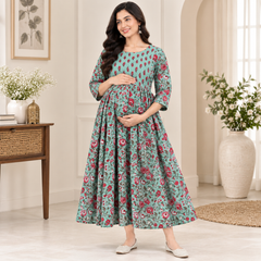 Women's Mint Green Floral Jaal Print Pure Cotton Anarkali Maternity Feeding Dress with Zipper