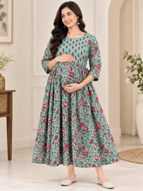 Women's Mint Green Floral Jaal Print Pure Cotton Anarkali Maternity Feeding Dress with Zipper