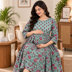 Women's Mint Green Floral Jaal Print Pure Cotton Anarkali Maternity Feeding Dress with Zipper