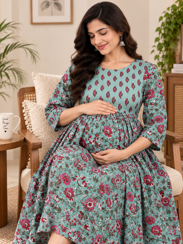 Women's Mint Green Floral Jaal Print Pure Cotton Anarkali Maternity Feeding Dress with Zipper