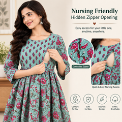 Women's Mint Green Floral Jaal Print Pure Cotton Anarkali Maternity Feeding Dress with Zipper