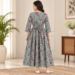 Women's Mint Green Floral Jaal Print Pure Cotton Anarkali Maternity Feeding Dress with Zipper