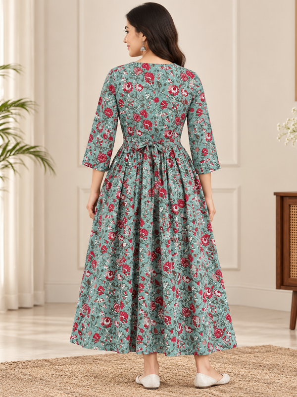 Women's Mint Green Floral Jaal Print Pure Cotton Anarkali Maternity Feeding Dress with Zipper