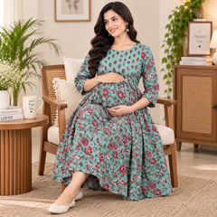 Women's Mint Green Floral Jaal Print Pure Cotton Anarkali Maternity Feeding Dress with Zipper