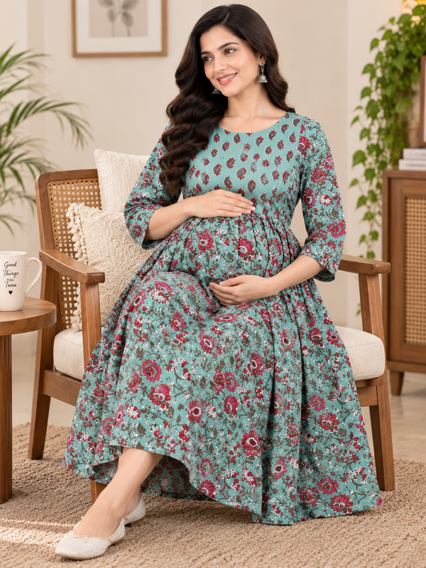 Women's Mint Green Floral Jaal Print Pure Cotton Anarkali Maternity Feeding Dress with Zipper