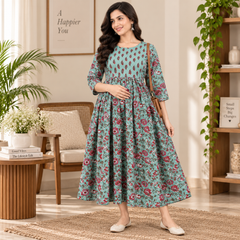 Women's Mint Green Floral Jaal Print Pure Cotton Anarkali Maternity Feeding Dress with Zipper