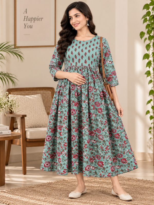 Women's Mint Green Floral Jaal Print Pure Cotton Anarkali Maternity Feeding Dress with Zipper
