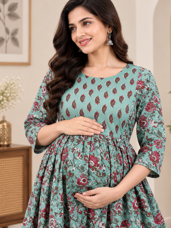 Women's Mint Green Floral Jaal Print Pure Cotton Anarkali Maternity Feeding Dress with Zipper