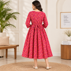 Women's Magenta Pink Floral & Booti Print Pure Cotton Anarkali Maternity Feeding Dress with Zipper