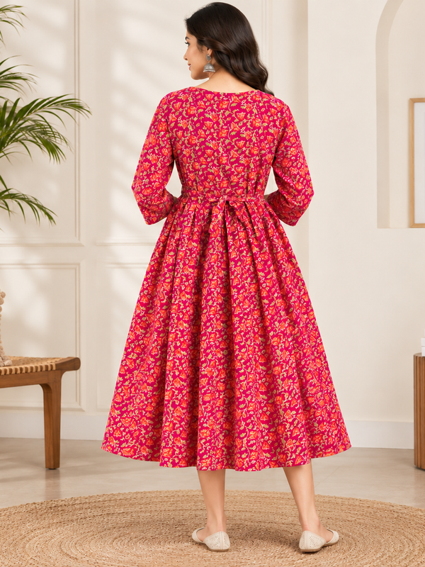 Women's Magenta Pink Floral & Booti Print Pure Cotton Anarkali Maternity Feeding Dress with Zipper