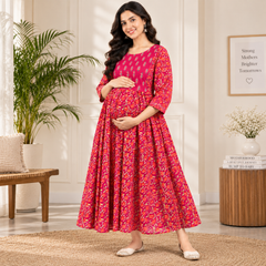 Women's Magenta Pink Floral & Booti Print Pure Cotton Anarkali Maternity Feeding Dress with Zipper