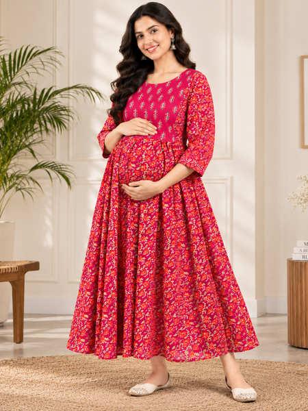 Women's Magenta Pink Floral & Booti Print Pure Cotton Anarkali Maternity Feeding Dress with Zipper