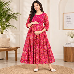 Women's Magenta Pink Floral & Booti Print Pure Cotton Anarkali Maternity Feeding Dress with Zipper