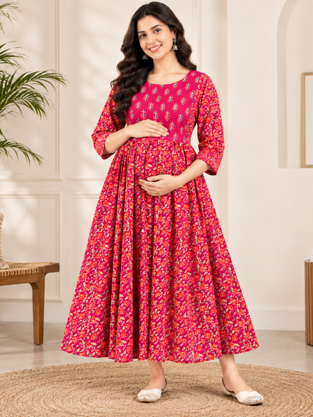Women's Magenta Pink Floral & Booti Print Pure Cotton Anarkali Maternity Feeding Dress with Zipper
