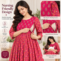 Women's Magenta Pink Floral & Booti Print Pure Cotton Anarkali Maternity Feeding Dress with Zipper