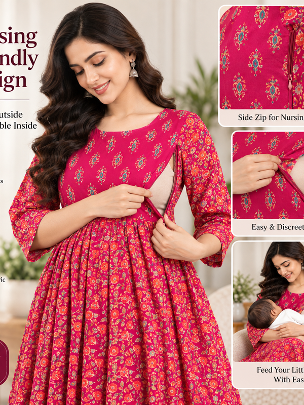 Women's Magenta Pink Floral & Booti Print Pure Cotton Anarkali Maternity Feeding Dress with Zipper