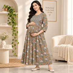 Women's Olive Grey Floral Motif Print Pure Cotton Anarkali Maternity Feeding Dress with Zipper