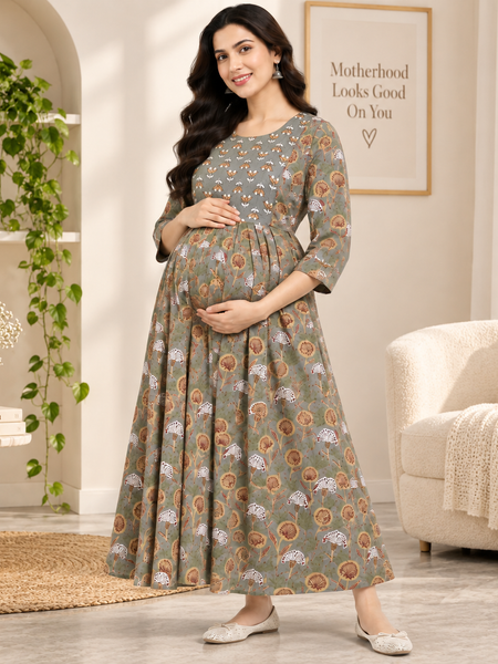 Women's Olive Grey Floral Motif Print Pure Cotton Anarkali Maternity Feeding Dress with Zipper