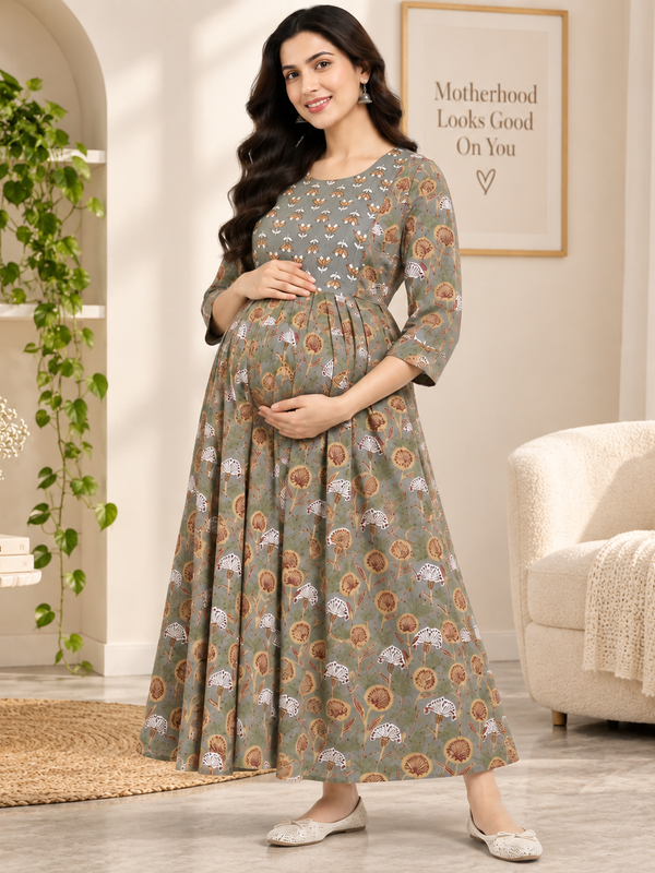 Women's Olive Grey Floral Motif Print Pure Cotton Anarkali Maternity Feeding Dress with Zipper
