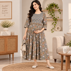 Women's Olive Grey Floral Motif Print Pure Cotton Anarkali Maternity Feeding Dress with Zipper