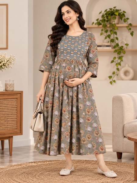 Women's Olive Grey Floral Motif Print Pure Cotton Anarkali Maternity Feeding Dress with Zipper