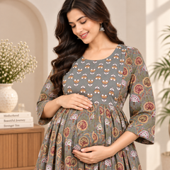 Women's Olive Grey Floral Motif Print Pure Cotton Anarkali Maternity Feeding Dress with Zipper