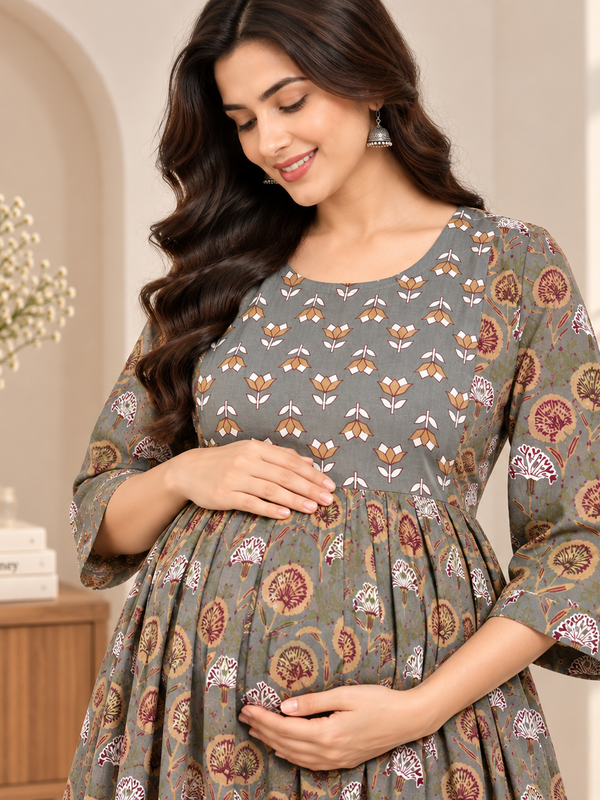 Women's Olive Grey Floral Motif Print Pure Cotton Anarkali Maternity Feeding Dress with Zipper