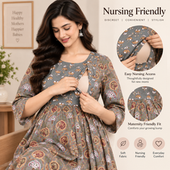 Women's Olive Grey Floral Motif Print Pure Cotton Anarkali Maternity Feeding Dress with Zipper