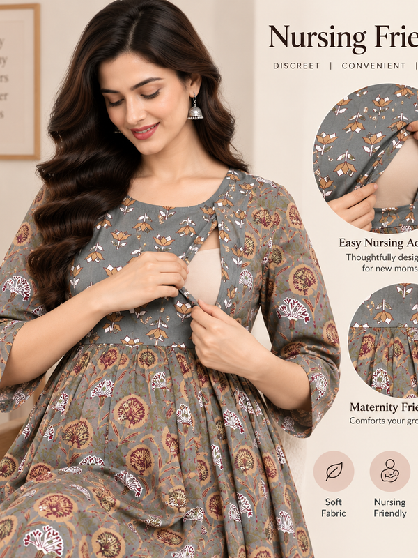 Women's Olive Grey Floral Motif Print Pure Cotton Anarkali Maternity Feeding Dress with Zipper