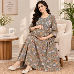Women's Olive Grey Floral Motif Print Pure Cotton Anarkali Maternity Feeding Dress with Zipper